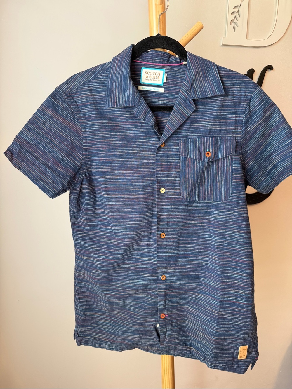 Scotch & Soda Men’s Linen Blend Short Sleeve Shirt Sz Small Dance All Night Blue